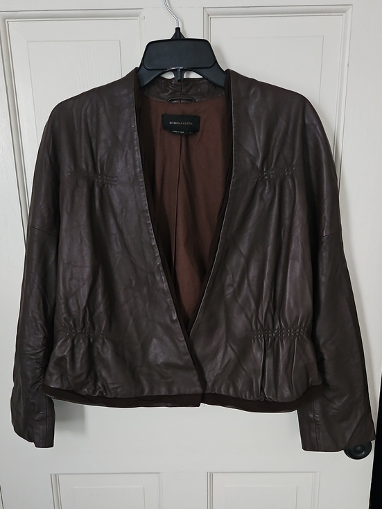 BCBGMaxAzria Jackets & Blazers - BCBG Max Azria Brown Leather Open-Front Jacket With Silk Trim